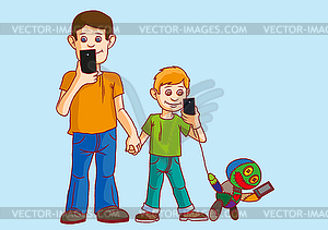 People with phones sending SMS and connected to - stock vector clipart