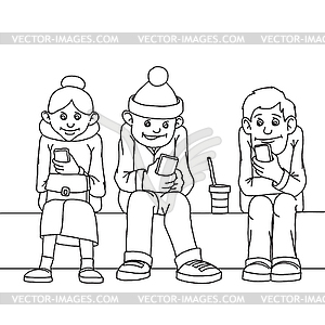 Young people and middle-aged woman . Sit on bench. - vector image