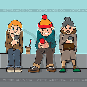 Young people and middle-aged woman . Sit on bench. - vector clipart