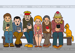 Young people sit on bench - vector clipart