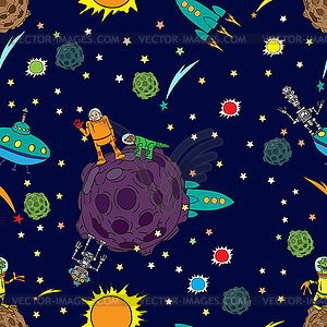 Seamless background, space, rockets and UFOs - vector clipart