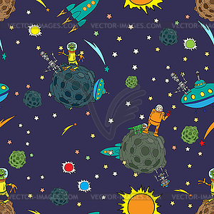 Seamless background, space, rockets and UFOs - vector image