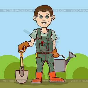 Happy gardener standing with his garden tool. Shove - vector image