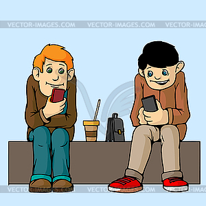 Young people . Sit on bench. Attention to each othe - vector image