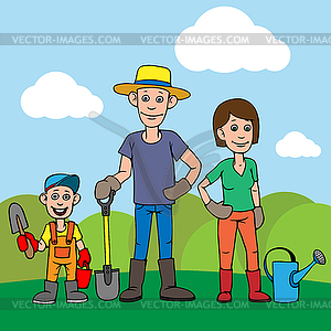 Young family, father, mother and child are working - vector clip art