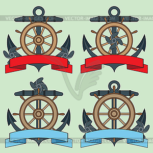 Icon on sea theme. Lifebuoy, Anchor, Steering wheel - vector clip art