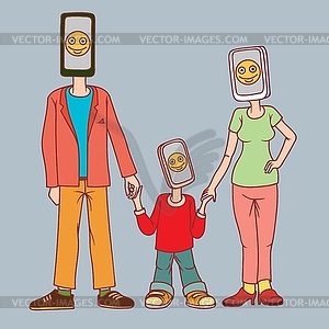 Family with gadgets. man, woman and child with phon - vector clipart