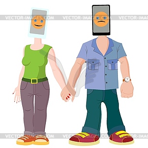 Pair of young people with gadgets. Man and woman - vector image