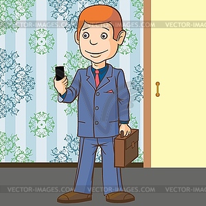 Businessman is standing with phone in his hand. Ver - vector EPS clipart