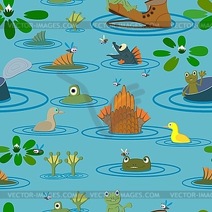 Summer pond with frogs, fish and flowers. Seamless - stock vector clipart