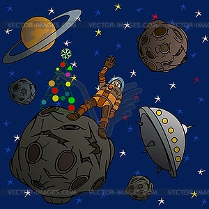 Astronaut decorated Christmas tree and celebrates - vector image