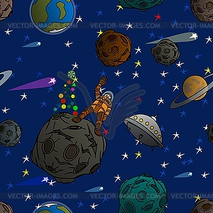 Astronaut decorated Christmas tree and celebrates - stock vector clipart