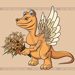 Little winged dinosaur came to visit. With bouquet - vector clipart