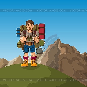 Young sports tourist with backpack and ammunition - vector image