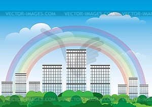 Город, современные дома, радуга над ними - векторное графическое изображение