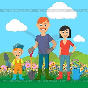 Young family working in garden.  - royalty-free vector image