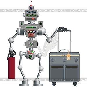 Robot flew by plane to destination - vector clipart