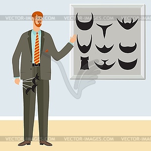 Young man shows different types of beards - vector clipart