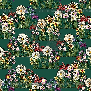 Abstract pattern of floral rows. Flowers and grass - vector clipart