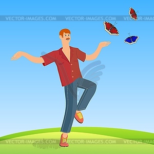 Man happily jumping on summer meadow - vector clipart