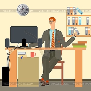 Workplace. Businessman working on computer. Flat  - royalty-free vector image