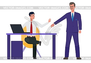 Office team colleague came up to talk on business - color vector clipart