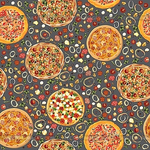 Tasty wholesome food. Real hot pizza. Seamless - vector image