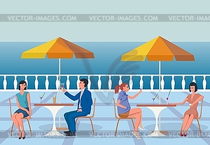 Summer day. Cafe by sea. Flat  - stock vector clipart