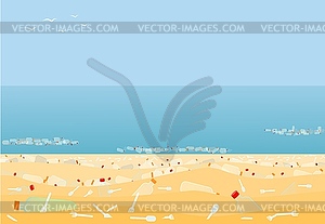 Seashore, beach is polluted with plastic garbage - vector clipart