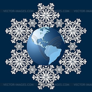 Planet Earth on background of snowflakes, symbol - vector image