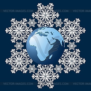 Планета Земля на фоне снежинок, символ - изображение в векторном формате
