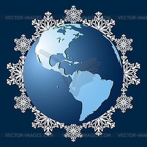 Planet Earth on background of snowflakes, symbol - vector EPS clipart