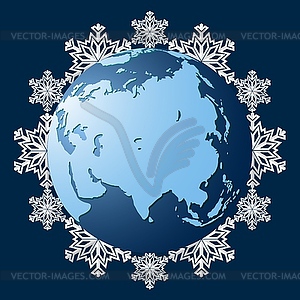 Планета Земля на фоне снежинок, символ - клипарт в векторе