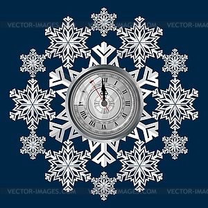 Clock on background of snowflakes, symbol of - vector clipart