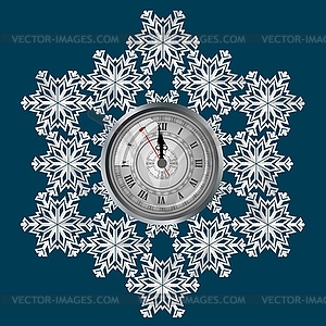 Clock on background of snowflakes, symbol of - vector image