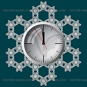 Clock on background of snowflakes, symbol of - vector clipart