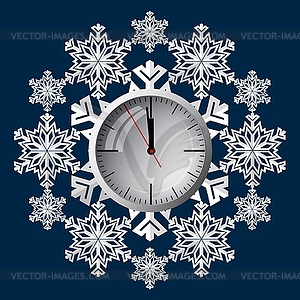 Clock on background of snowflakes, symbol of - stock vector clipart