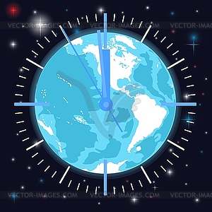 Clock dial on background of planet Earth - vector image