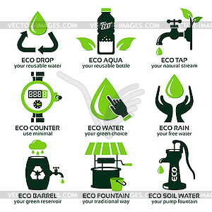 Плоский набор иконок для зеленого эко воды - векторный дизайн