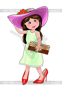 Girl in shoes and ladies` hat. Little fashion-girl - vector image