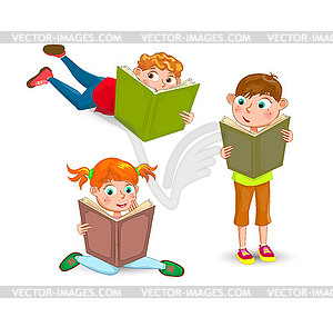 Children read the book with interest - vector clipart