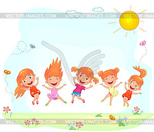 Joyful and happy children jumping on grass - vector clipart