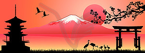Пейзаж, гора Фудзи на закате - стоковый векторный клипарт
