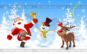 Happy Santa, deer and snowman - stock vector clipart