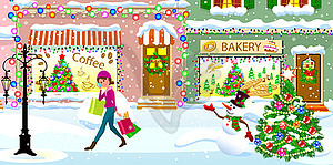 Woman on snow-covered street on Christmas Eve - vector clip art