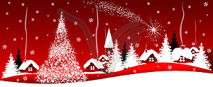 Сияющая рождественская звезда над деревней - векторное графическое изображение