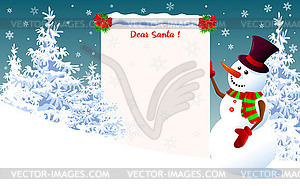 Snowman with letter for Santa - stock vector clipart