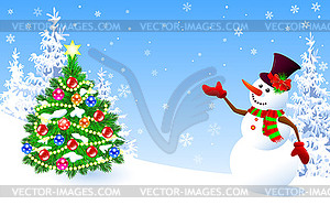 Snowman welcomes decorated Christmas tree - vector clip art