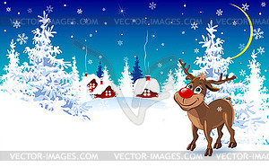 Reindeer on winter background, greeting card - vector image