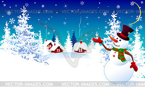 Snowman on winter background, greeting card - vector image